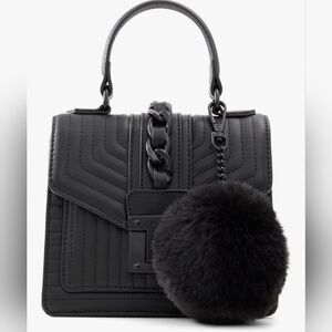 Aldo Jerilini Tap Hadle Black Quilted Satchel with Pom-Pom